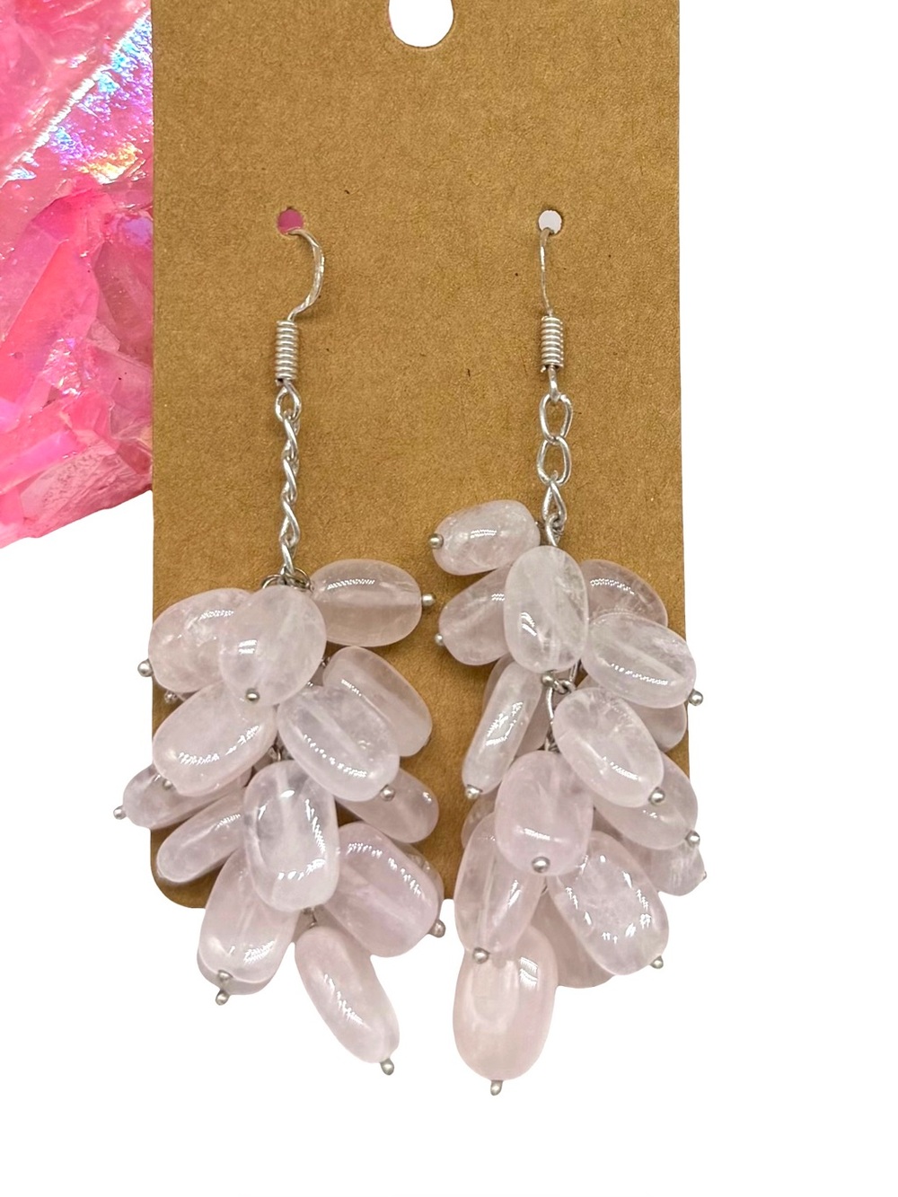 Rose Quartz Cluster Beaded Dangle Drop Earrings 925 Sterling Silver Overlay Pink
